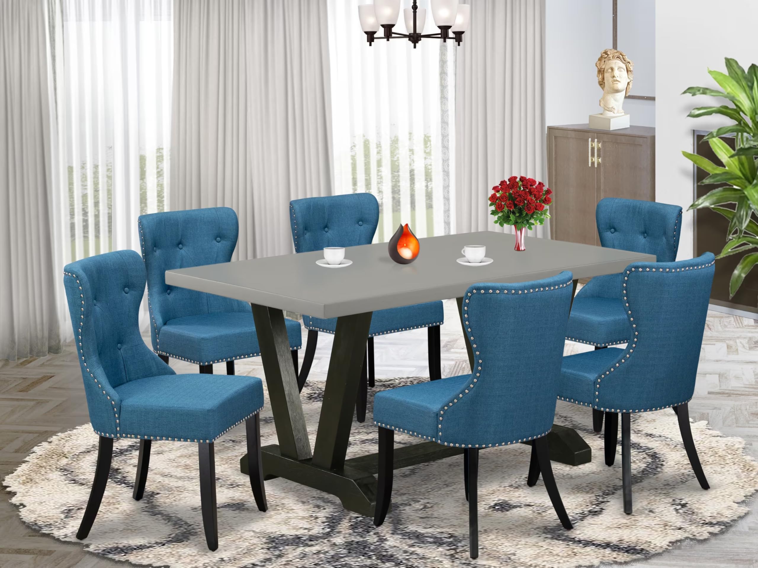 East West Furniture V696Si121-7 7 Piece Kitchen Table Set Consist Of A Rectangle Dining Table With V-Legs And 6 Blue Linen Fabric Parson Dining Room Chairs, 36X60 Inch, Multi-Color